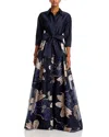 Teri Jon By Rickie Freeman Women's Burnout Floral Taffeta Shirtwaist Gown In Navy Multi