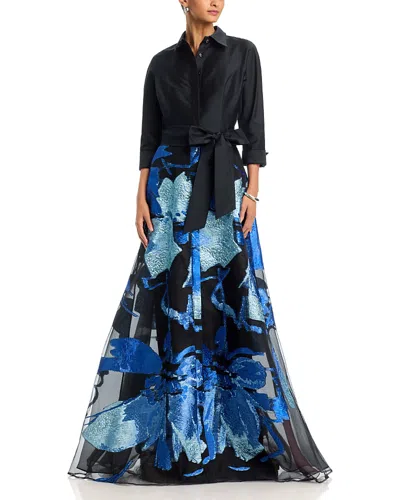 Teri Jon By Rickie Freeman Taffeta Shirtwaist Metallic Organza Skirt Gown In Animal Print