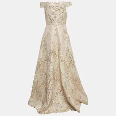 Pre-owned Teri Jon By Rickie Freeman Teri Jon Light Beige Lurex Jacquard Off-shoulder Gown M