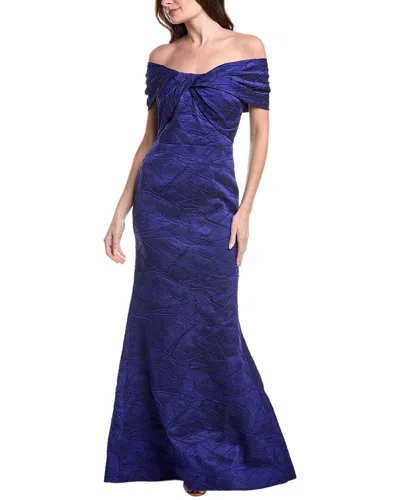 Teri Jon By Rickie Freeman Textured Jacquard Off Shoulder Twist Bodice Gown In Purple