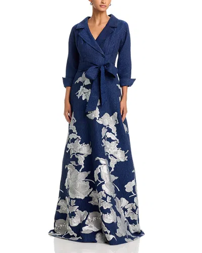 Teri Jon By Rickie Freeman Textured Metallic Jacquard Gown In Blue