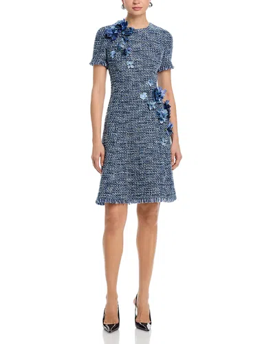 Teri Jon By Rickie Freeman Tweed Short Sleeve 3d Flower Trim Dress In Blue