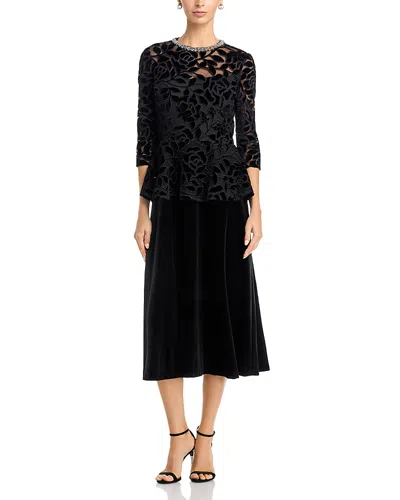 Teri Jon By Rickie Freeman Velvet Burnout Peplum Dress In Black