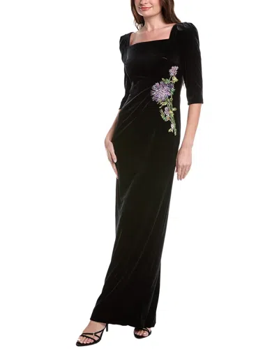 Teri Jon By Rickie Freeman Velvet Elbow Sleeve Floral Applique Gown In Blue