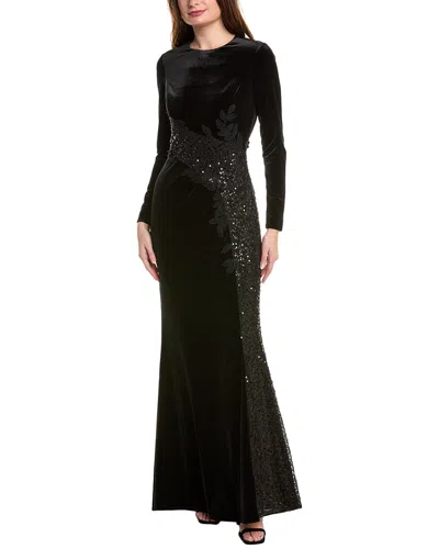 Teri Jon By Rickie Freeman Sequined Inset Velvet Gown In Black