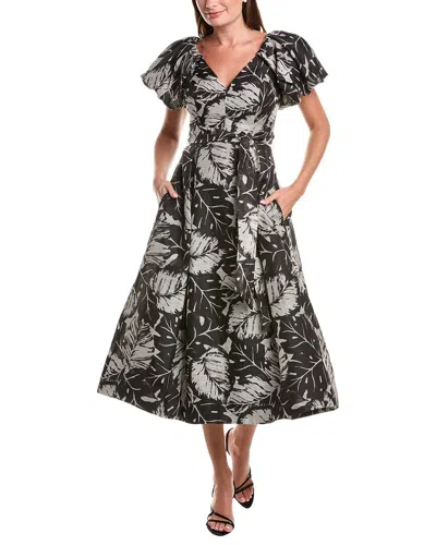 Teri Jon By Rickie Freeman V-neck Puff Sleeve Pleated Silk & Linen-blend Dress In Black
