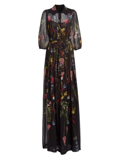 Teri Jon By Rickie Freeman Women's Chiffon Floral Puff-sleeve Gown In Black Multi