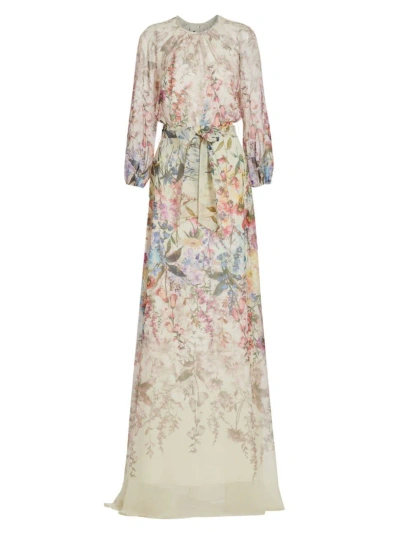 Teri Jon By Rickie Freeman Women's Chiffon Floral Tie-waist Gown In Ivory Multi