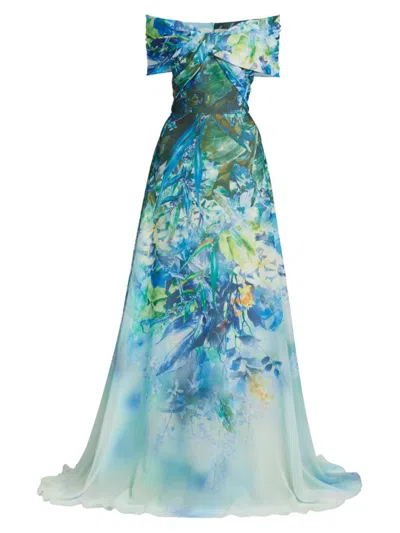 Teri Jon By Rickie Freeman Women's Criss-cross Leaf Georgette Gown In Blue Multi