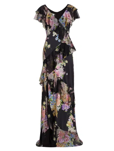 Teri Jon By Rickie Freeman Women's Floral Chiffon Diagonal Ruffle Gown In Black Multi