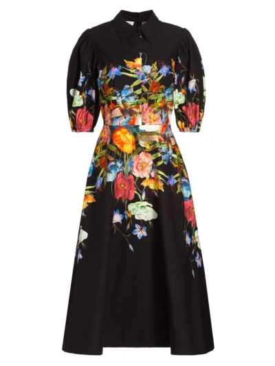 Teri Jon By Rickie Freeman Women's Floral Cotton Puff-sleeve Midi-dress In Black Multi