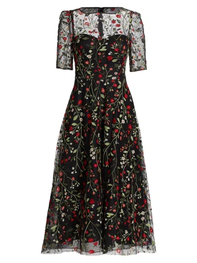 Teri Jon By Rickie Freeman Women's Floral Embroidered Illusion Cocktail Dress In Black Multi
