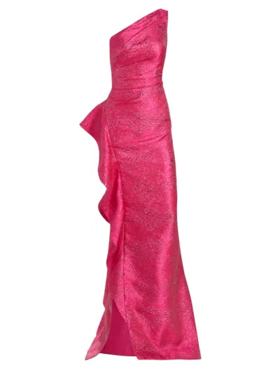 Teri Jon By Rickie Freeman Women's Jacquard One-shoulder Ruffle Column Gown In Hot Pink