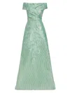 Teri Jon By Rickie Freeman Off-the-shoulder Metallic Jacquard Gown In Seafoam