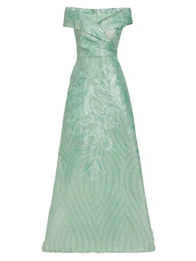 Teri Jon By Rickie Freeman Off-the-shoulder Metallic Jacquard Gown In Seafoam