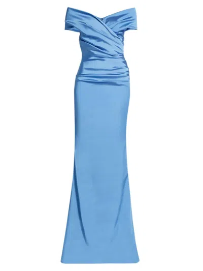 Teri Jon By Rickie Freeman Women's Off-the-shoulder Ruched Satin Gown In Periwinkle