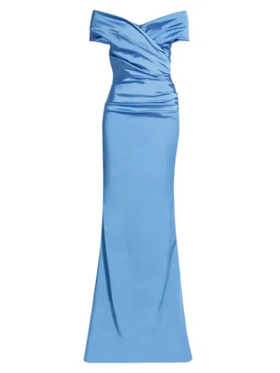 Teri Jon Women's Off-the-shoulder Ruched Satin Gown In Periwinkle