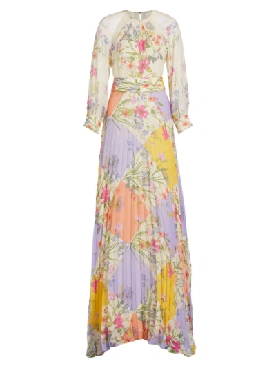 Teri Jon By Rickie Freeman Women's Pleated Floral Chiffon Maxi Dress In Ivory Multi