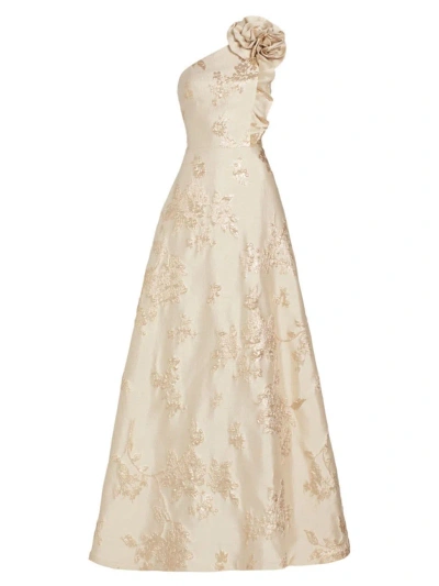 Teri Jon By Rickie Freeman Women's Rosette-detailed Metallic Jacquard Fit & Flare Gown In Gold