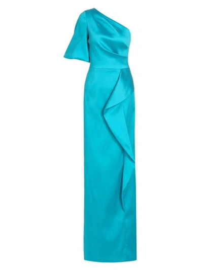 Teri Jon By Rickie Freeman Women's Satin Asymmetric Ruffle Column Gown In Turquoise