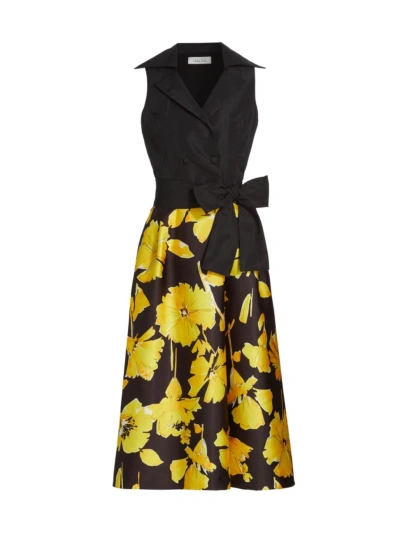 Teri Jon By Rickie Freeman Women's Taffeta Floral Sleeveless Midi-dress In Black Yellow