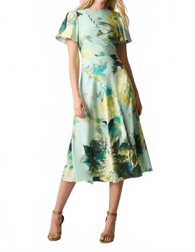 Teri Jon Charmeuse Print Flare Sleeve Button Trim Dress In Mint Multi In Green
