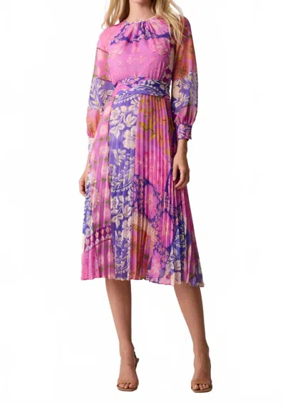 TERI JON CHIFFON FLORAL PLEATED BELTED DRESS IN LAVENDER MULTI