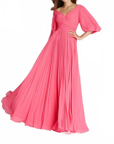 Teri Jon Chiffon Puff Sleeve Pleated Vneck Gown In Watermelon In Pink