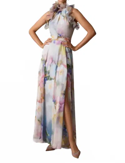 Teri Jon Chiffon Watercolor Organza Halter Gown In Animal Print