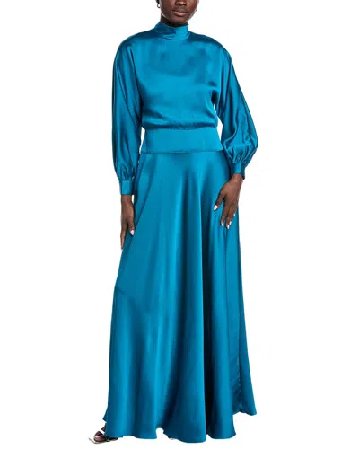 Teri Jon Crepe Back Satin Tie Neck Gown In Blue