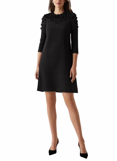 Teri Jon Crepe Floral Beaded Applique Cocktail Dress In Black