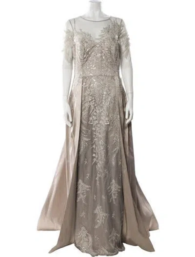 Pre-owned Teri Jon Crew Neck Long Dress In Grey