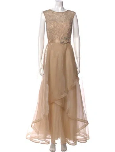 Pre-owned Teri Jon Crew Neck Long Dress In Neutral