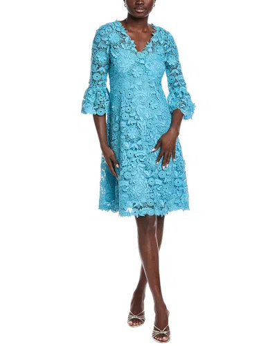 Teri Jon By Rickie Freeman Crochet Lace Flower A-line Dress In Blue