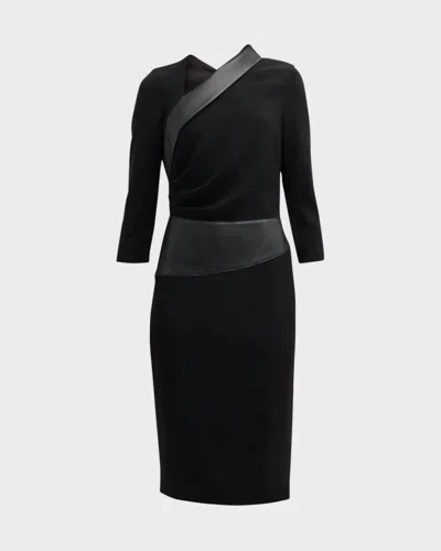 Teri Jon Faux Leather Trim Crepe Dress In Black