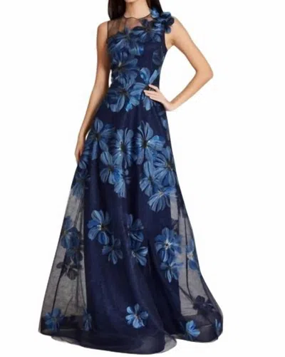 Teri Jon Floral Embroidered Tulle Gown In Navy In Blue