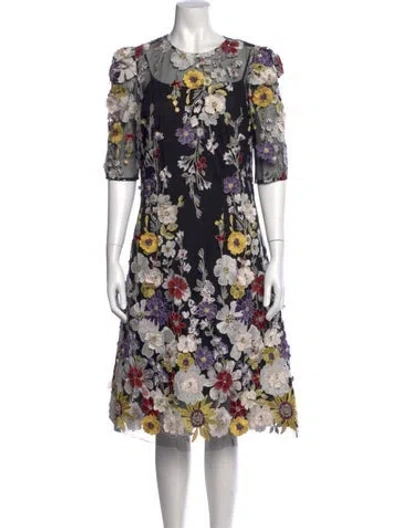 Pre-owned Teri Jon Floral Print Knee-length Dress In Black
