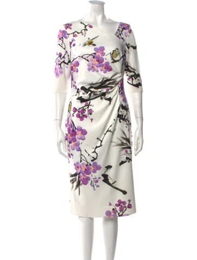 Pre-owned Teri Jon Floral Print Knee-length Dress In White