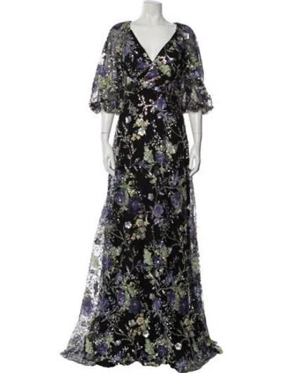 Pre-owned Teri Jon Floral Print Long Dress In Black