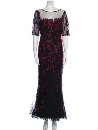 Pre-owned Teri Jon Floral Print Long Dress In Black