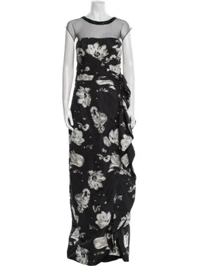 Pre-owned Teri Jon Floral Print Long Dress In Black