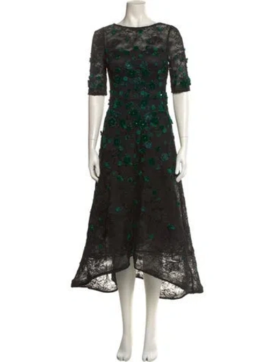 Pre-owned Teri Jon Floral Print Long Dress In Black