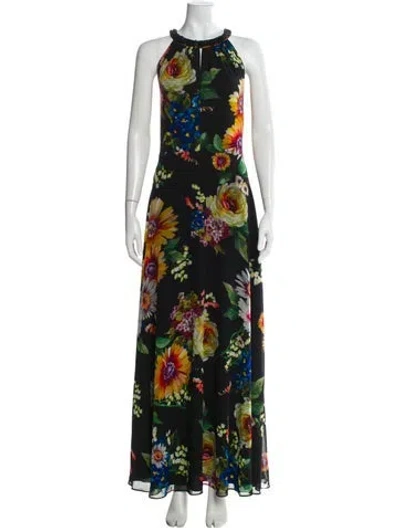 Pre-owned Teri Jon Floral Print Long Dress In Black