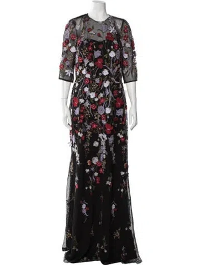 Pre-owned Teri Jon Floral Print Long Dress In Black