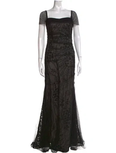 Pre-owned Teri Jon Floral Print Long Dress In Black