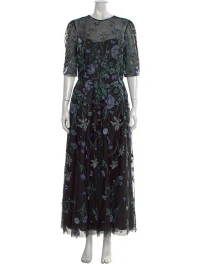 Pre-owned Teri Jon Floral Print Long Dress In Black