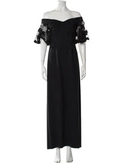 Pre-owned Teri Jon Floral Print Long Dress In Black