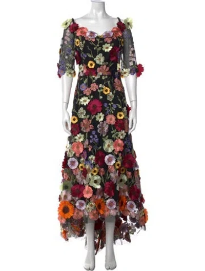 Pre-owned Teri Jon Floral Print Long Dress In Black