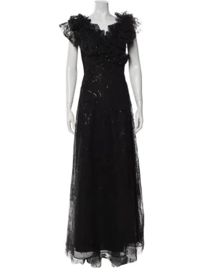 Pre-owned Teri Jon Floral Print Long Dress In Black