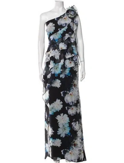 Pre-owned Teri Jon Floral Print Long Dress In Black